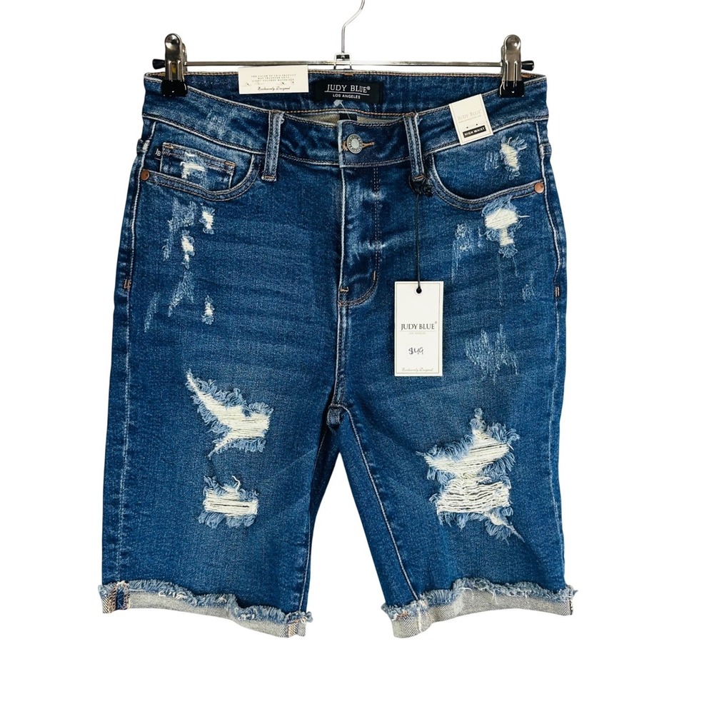 Judy Blue Womans Medium Jean Shorts High Rise Blue Stretch Distressed Bermuda